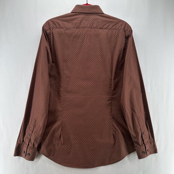 Express 1MX Shirt Mens M Button Up Long Sleeve Stretch Collared Geometric Brown - Picture 2 of 11
